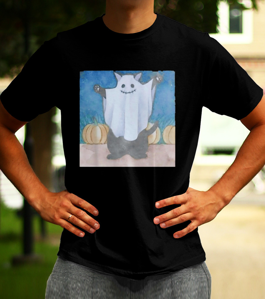 Spooky Black Cat In Ghost Costume With Pumpkins Halloween T-Shirt