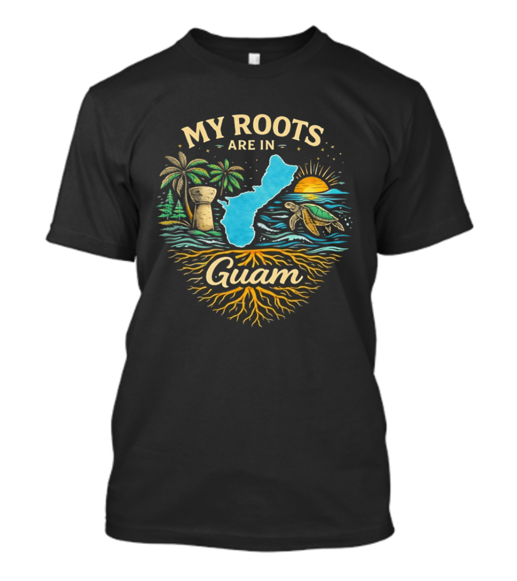 My Roots Are In Guam Chamorro Culture Heritage Turtle Latte Stone Palms Sunset Ocean Map T-Shirt