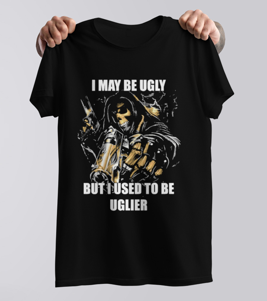 I May Be Ugly But I Used To Be Uglier Skull Warrior With Hooded Cloak T-Shirt