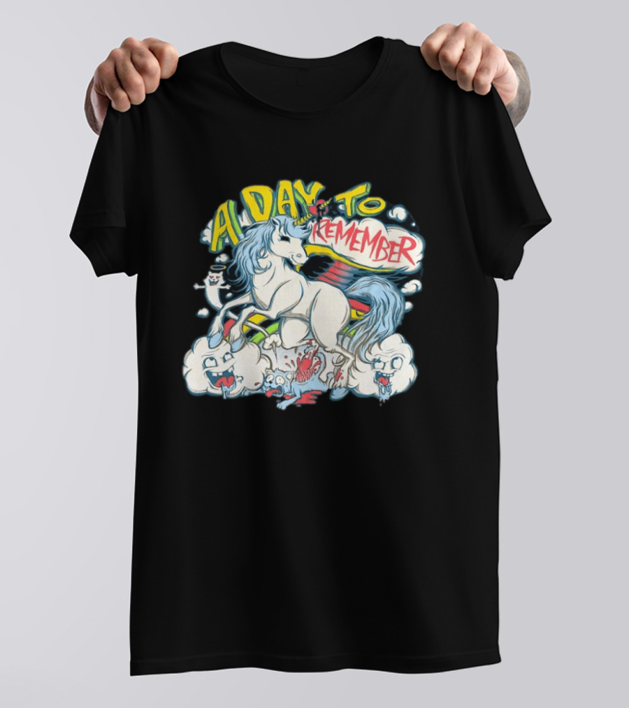 A Day To Remember Unicorn With Colorful Clouds And Characters T-Shirt