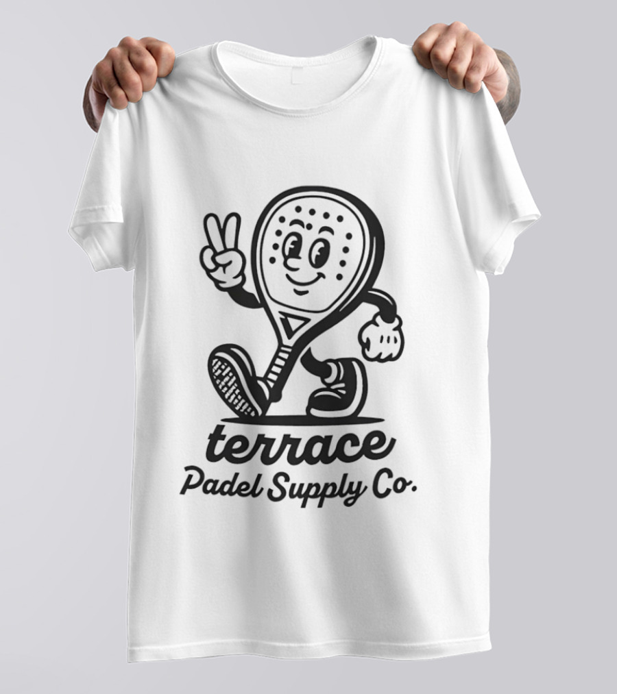 Terrace Padel Supply Co. Smiling Paddle Character Peace Sign T-Shirt