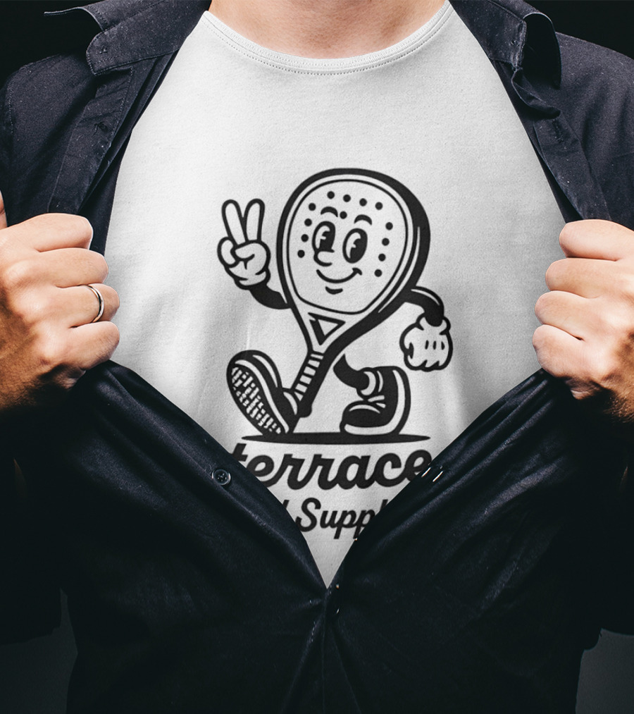 Terrace Padel Supply Co. Smiling Paddle Character Peace Sign T-Shirt