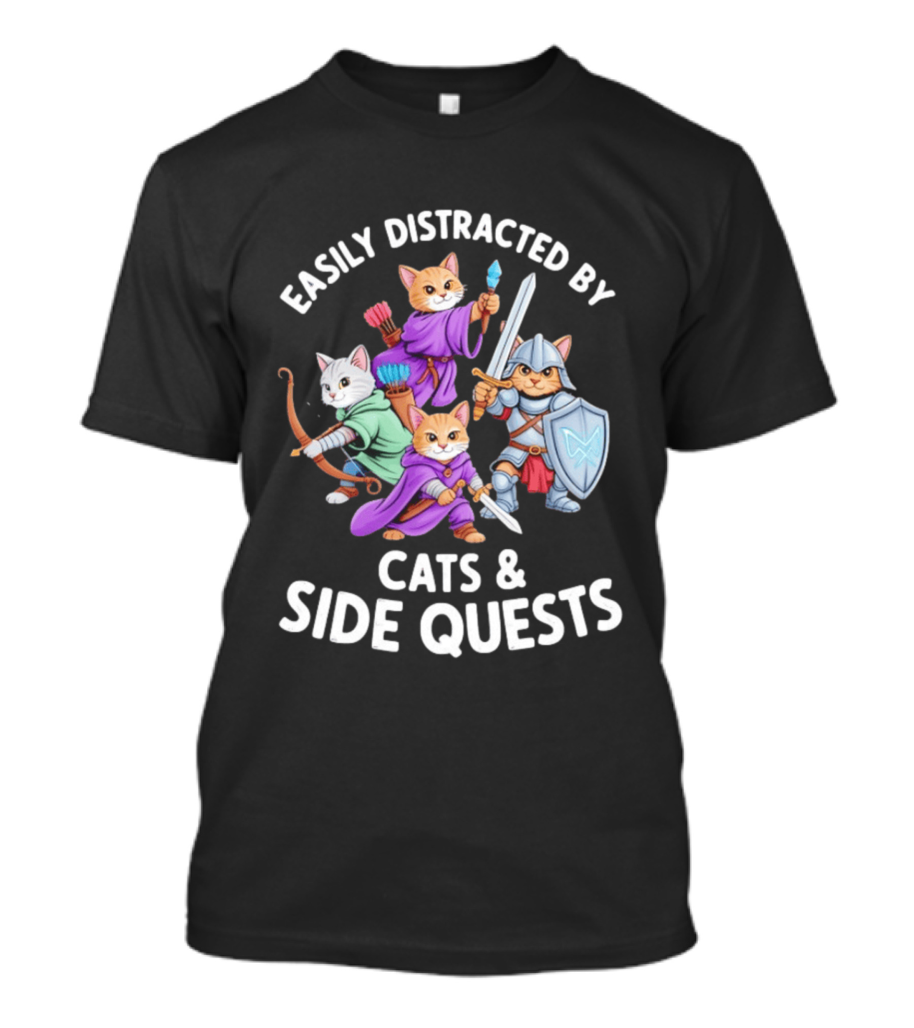 Easily Distracted By Cats And Side Quests Fantasy Theme With Feline Adventurers T-Shirt
