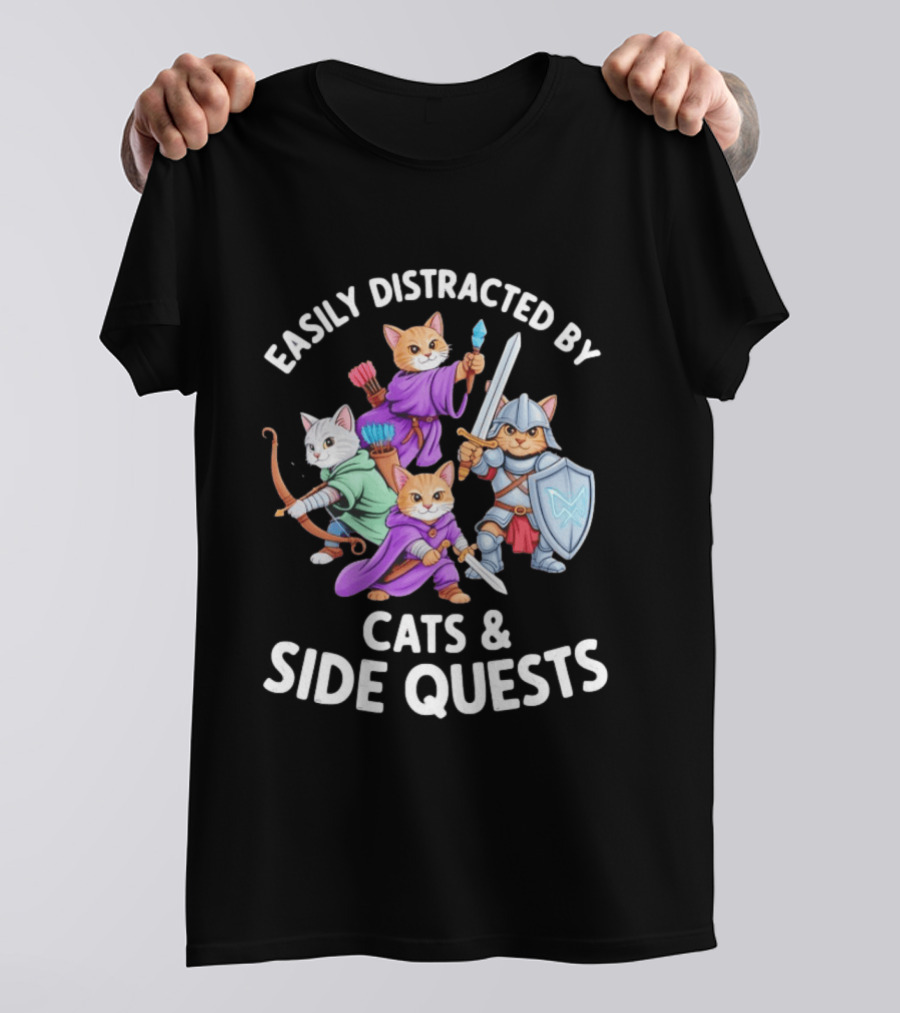 Easily Distracted By Cats And Side Quests Fantasy Theme With Feline Adventurers T-Shirt