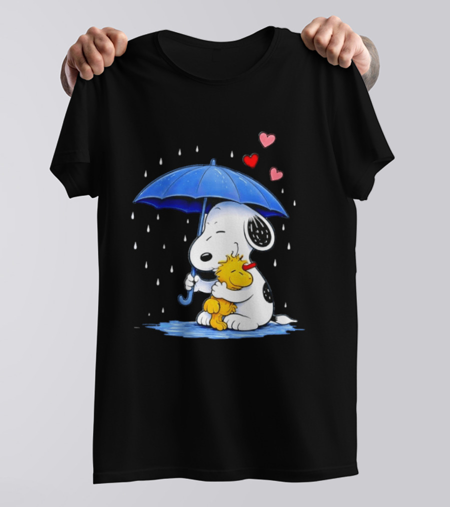 Snoopy Woodstock Umbrella Hearts Rain Hugging T-Shirt