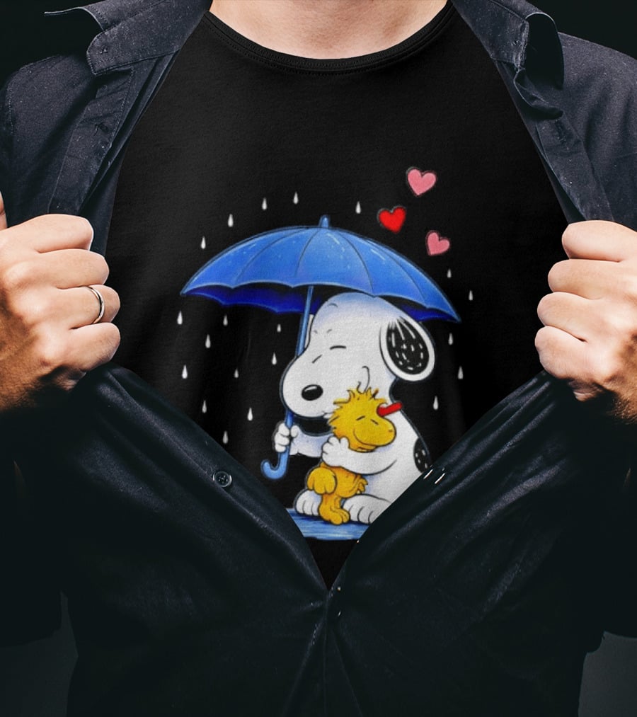 Snoopy Woodstock Umbrella Hearts Rain Hugging T-Shirt