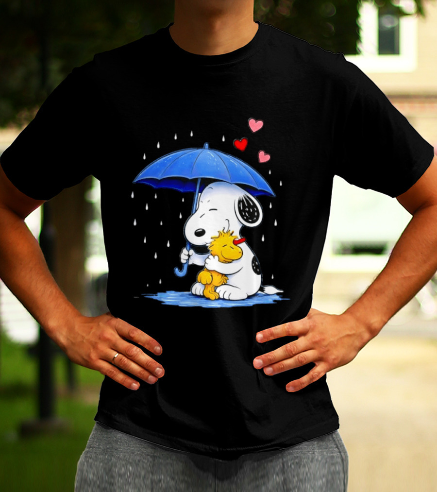 Snoopy Woodstock Umbrella Hearts Rain Hugging T-Shirt