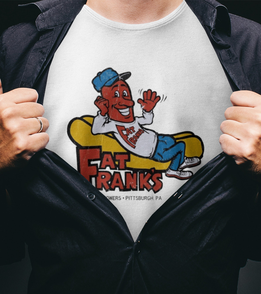 Fat Frank's In The USX Towers Pittsburgh PA Hot Dogs Retro Cartoon T-Shirt