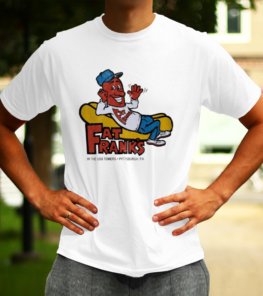 Fat Frank's In The USX Towers Pittsburgh PA Hot Dogs Retro Cartoon T-Shirt