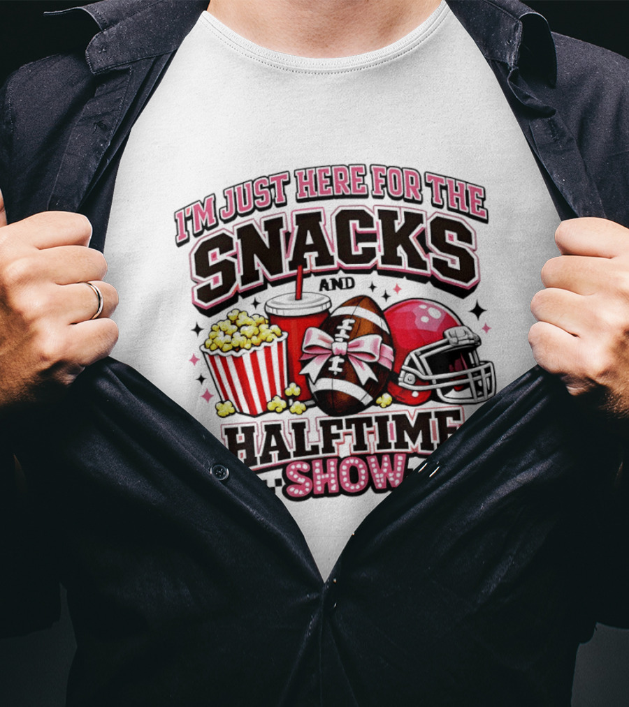 I'm Just Here For The Snacks And Halftime Show Football Popcorn Pink Coquette T-Shirt