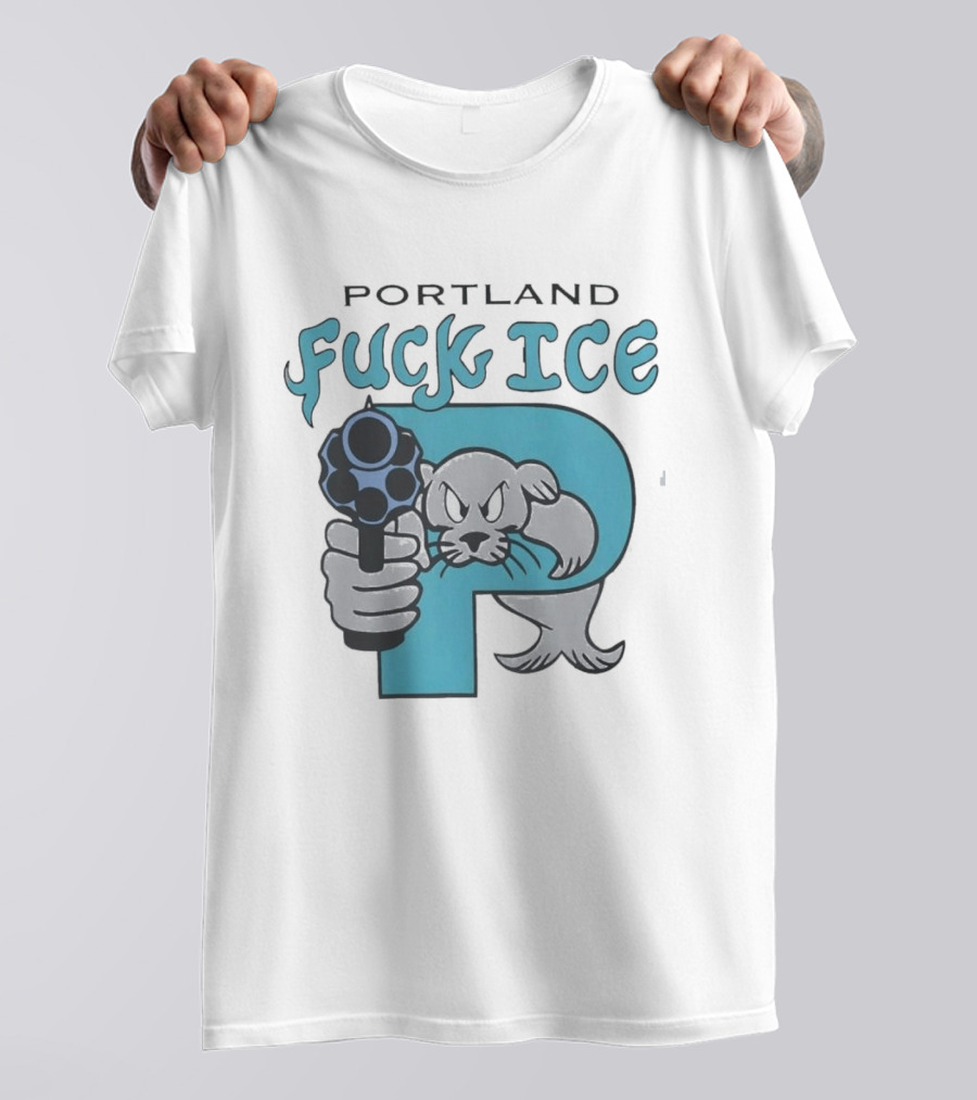 Portland Fuck ICE Seal Holding Revolver Protest T-Shirt