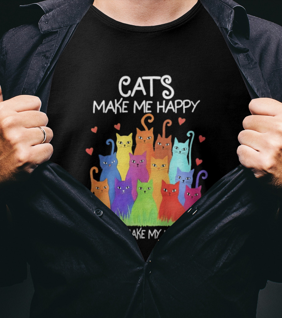 Cats Make Me Happy Humans Make My Head Hurt Colorful Rainbow Cats With Hearts T-Shirt