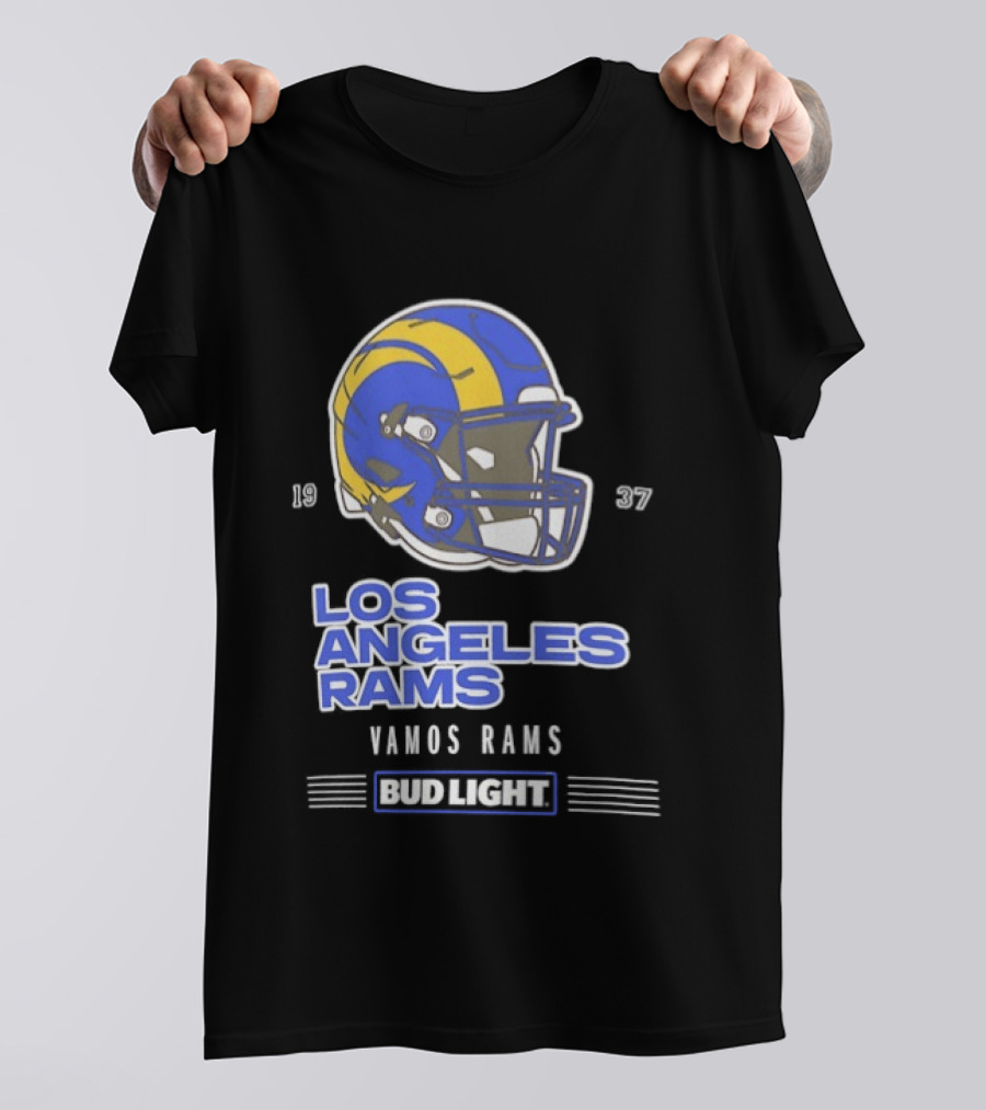 Los Angeles Rams Vamos Rams Bud Light 1937 Football Helmet T-Shirt