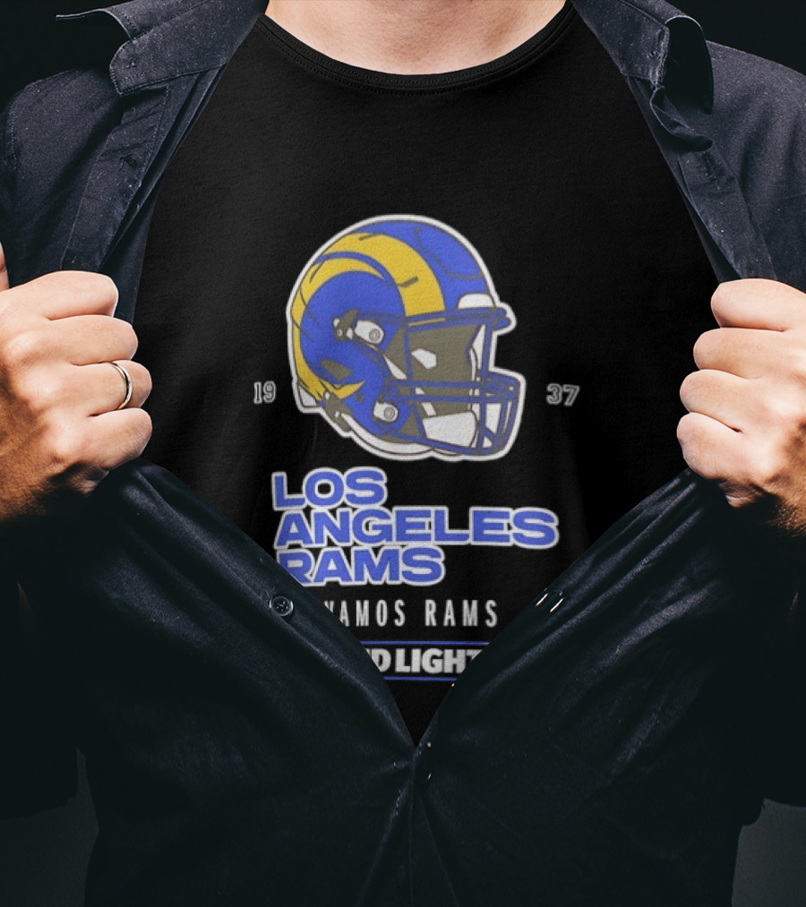 Los Angeles Rams Vamos Rams Bud Light 1937 Football Helmet T-Shirt