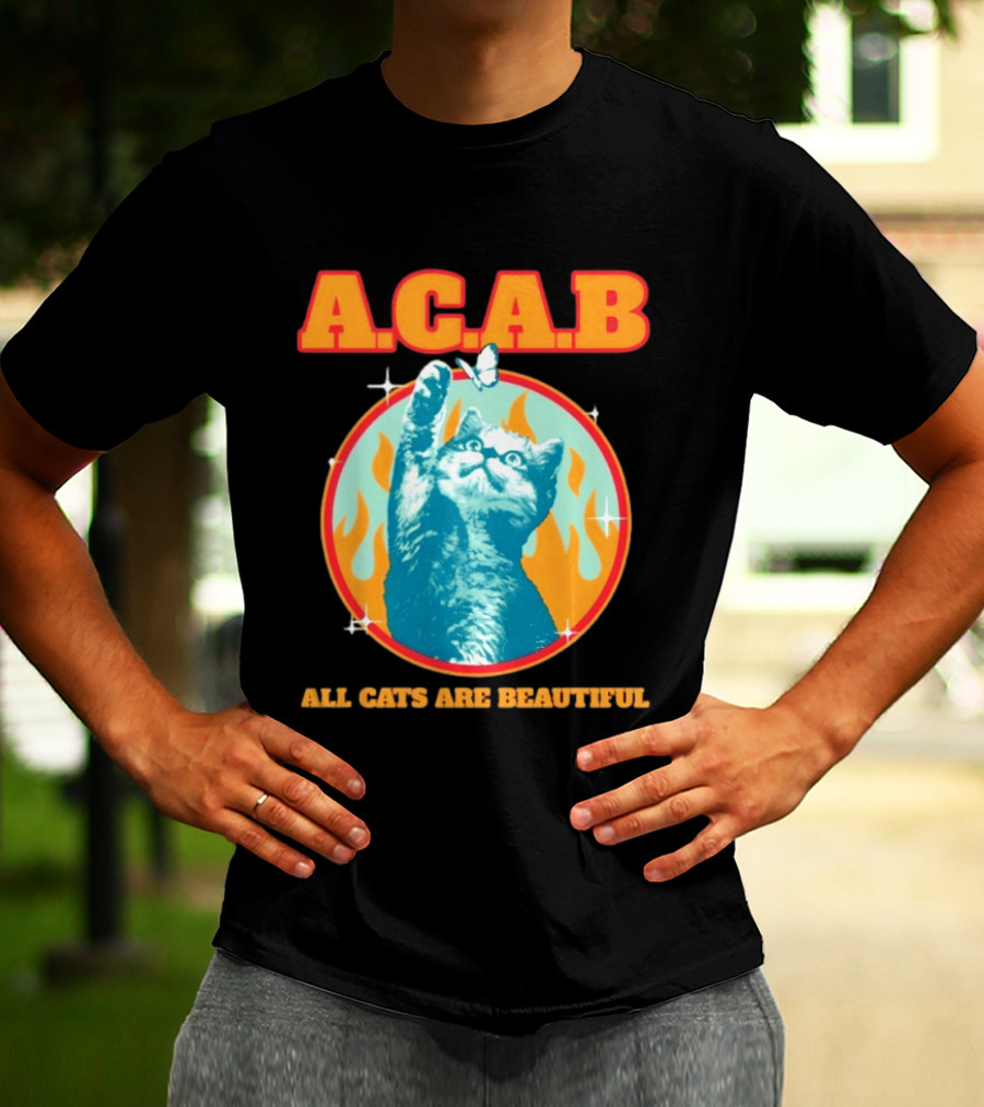 A.C.A.B Cat With Butterfly And Flames T-Shirt