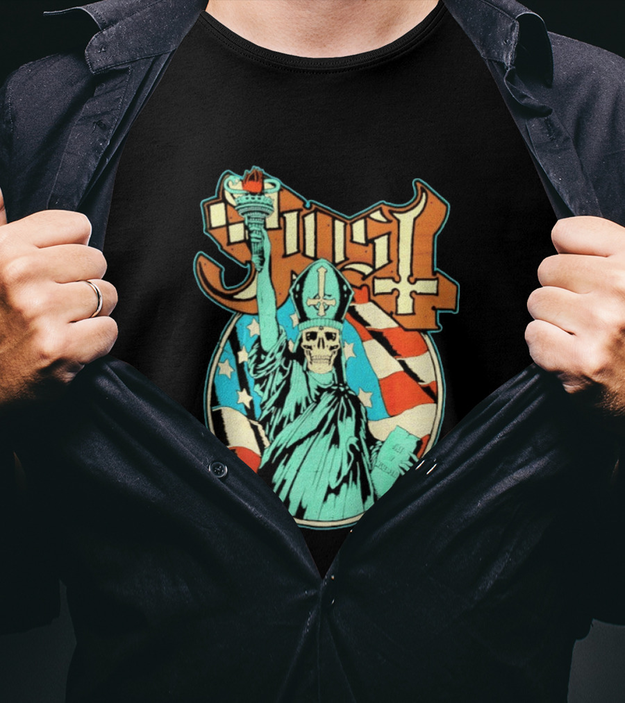 Ghost Statue Of Liberty Skeleton Torch Metal Band T-Shirt