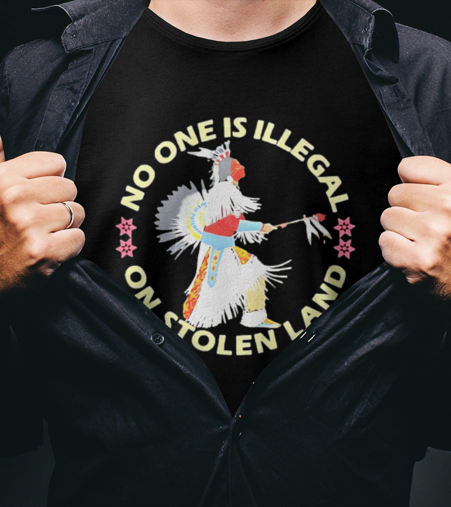 No One Is Illegal On Stolen Land Native American Dancer Floral Circle T-Shirt
