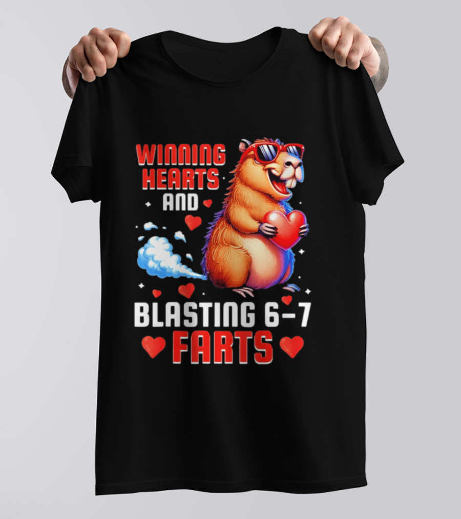 Winning Hearts And Blasting 6 7 Farts Capybara Valentine's Day T-Shirt