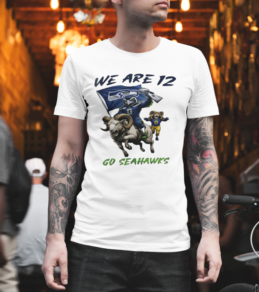We Are 12 Go Seahawks Riding Goat With Seahawks Flag T-Shirt