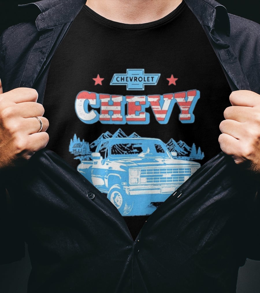 Chevy Chevrolet Truck Vintage Stars And Stripes Retro Mountain Scene T-Shirt