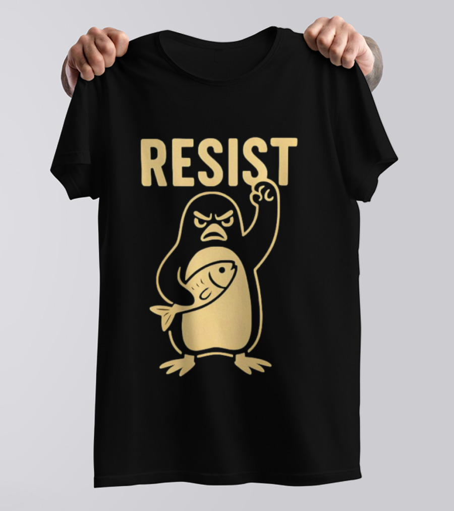 RESIST Angry Penguin Holding Fish T-Shirt