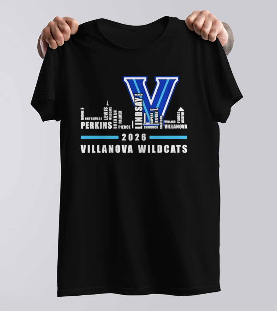 2026 Villanova Wildcats V With City Skyline And Player Names T-Shirt