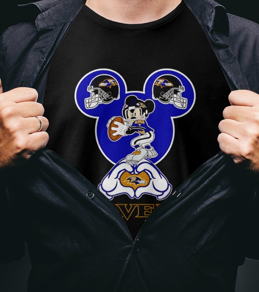 Baltimore Ravens Mickey Mouse Heart Hands Football Helmets T-Shirt