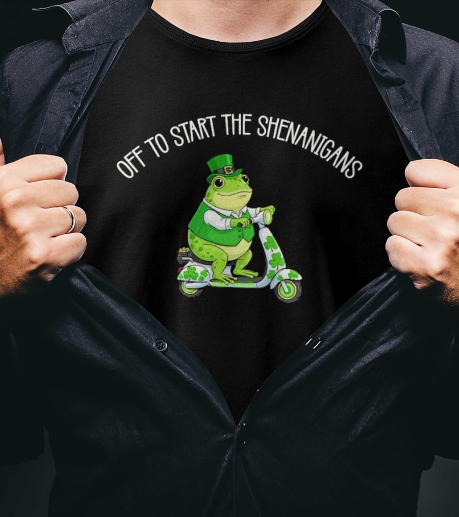 Off To Start The Shenanigans Frog Scooter St. Patrick's Day T-Shirt