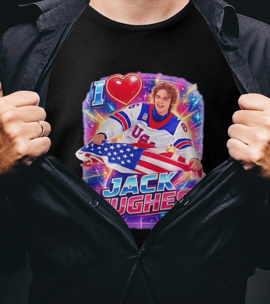 I Love Jack Hughes USA Hockey Flag Celebration T-Shirt