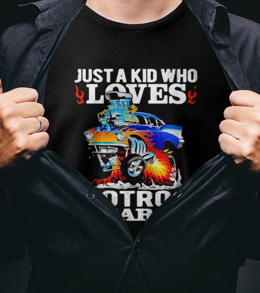 Just A Kid Who Loves Hotrod Cars Cartoon Flames T-Shirt