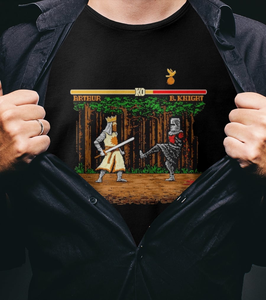 King Arthur Vs Black Knight KO Monty Python And The Holy Grail Pixel Art Forest Duel T-Shirt