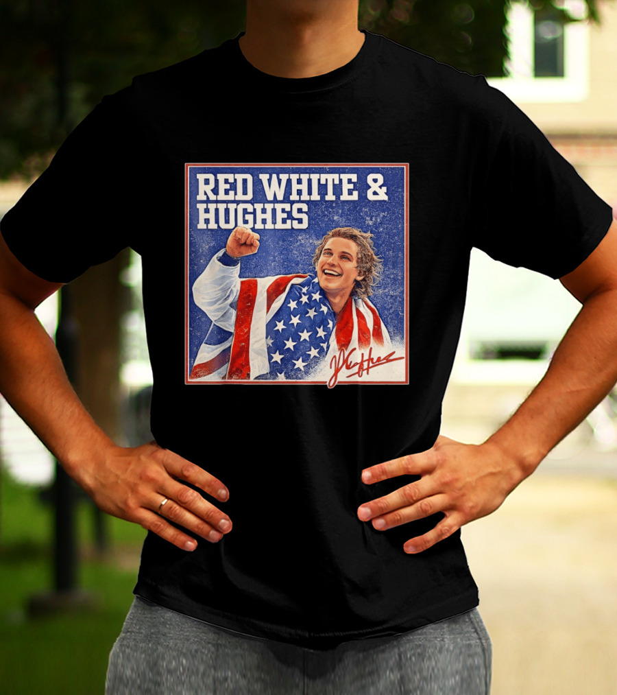 Red White & Hughes USA Jack Hughes Signature Fist Pump Celebration T-Shirt