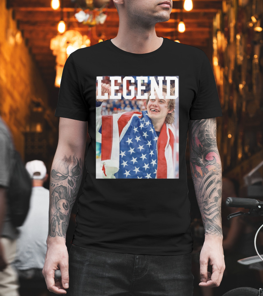 Men's Hockey USA Jack Hughes Legend American Flag Victory Celebration T-Shirt