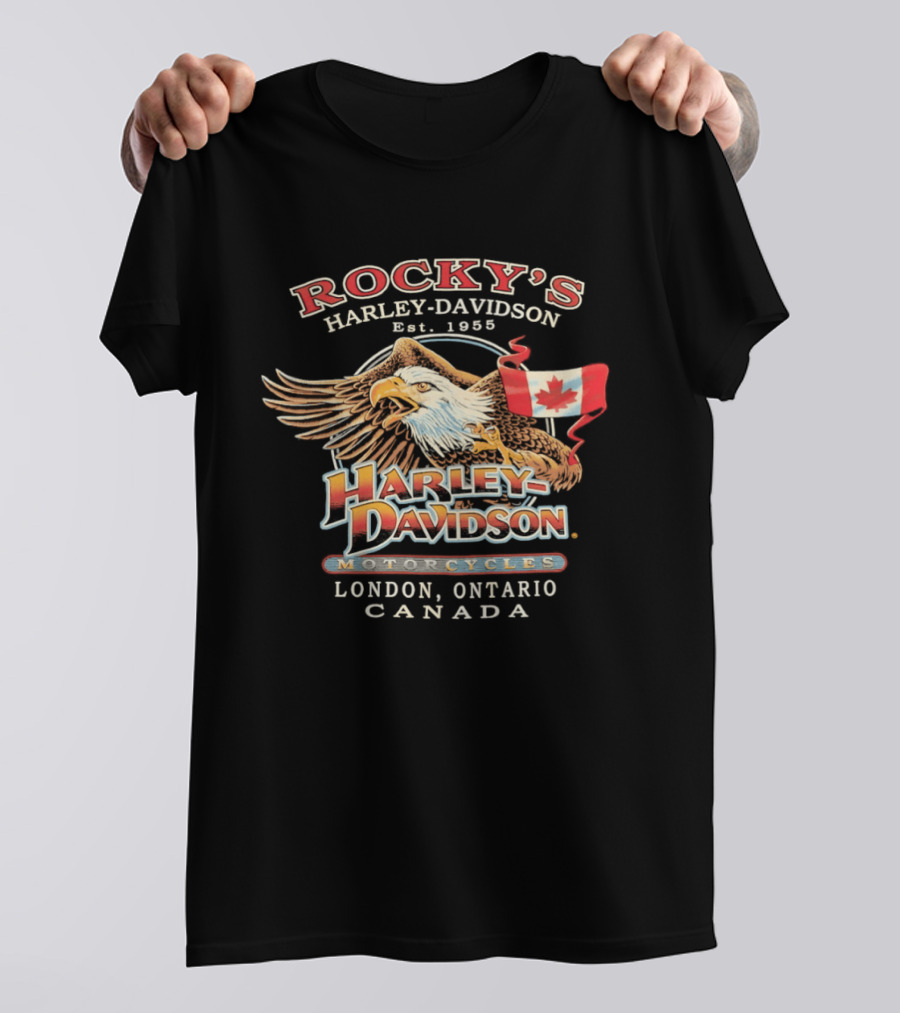 Rocky's Harley Davidson Motorcycles Est 1955 Eagle Canadian Flag London Ontario Canada T-Shirt
