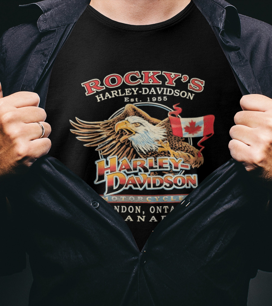 Rocky's Harley Davidson Motorcycles Est 1955 Eagle Canadian Flag London Ontario Canada T-Shirt