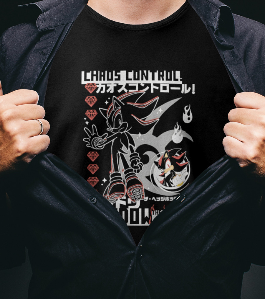 Chaos Control Shadow Soni The Hedgehog Japanese Text Emeralds T-Shirt