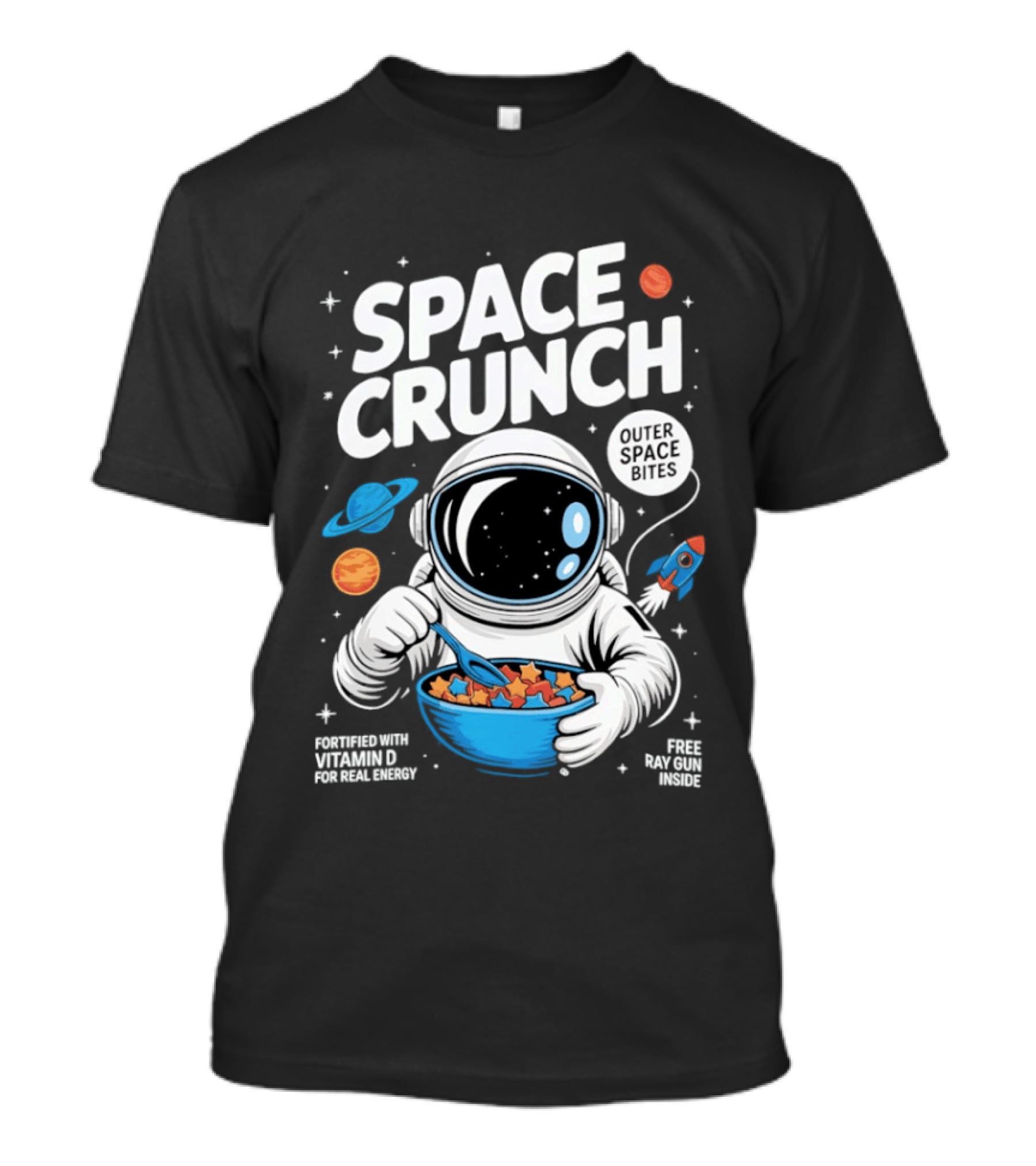 Space Crunch Outer Space Bites Astronaut Eating Cereal Planets Rockets T-Shirt