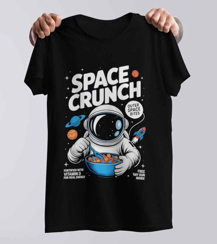 Space Crunch Outer Space Bites Astronaut Eating Cereal Planets Rockets T-Shirt