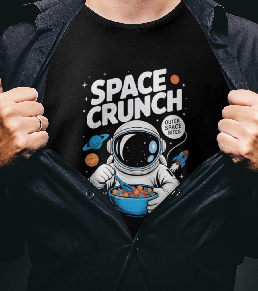 Space Crunch Outer Space Bites Astronaut Eating Cereal Planets Rockets T-Shirt