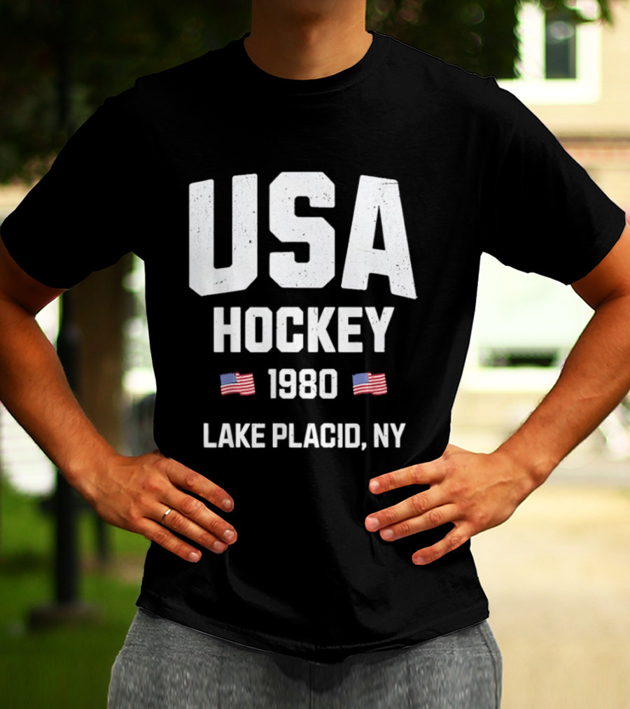 USA Hockey 1980 Lake Placid NY American Flags T-Shirt