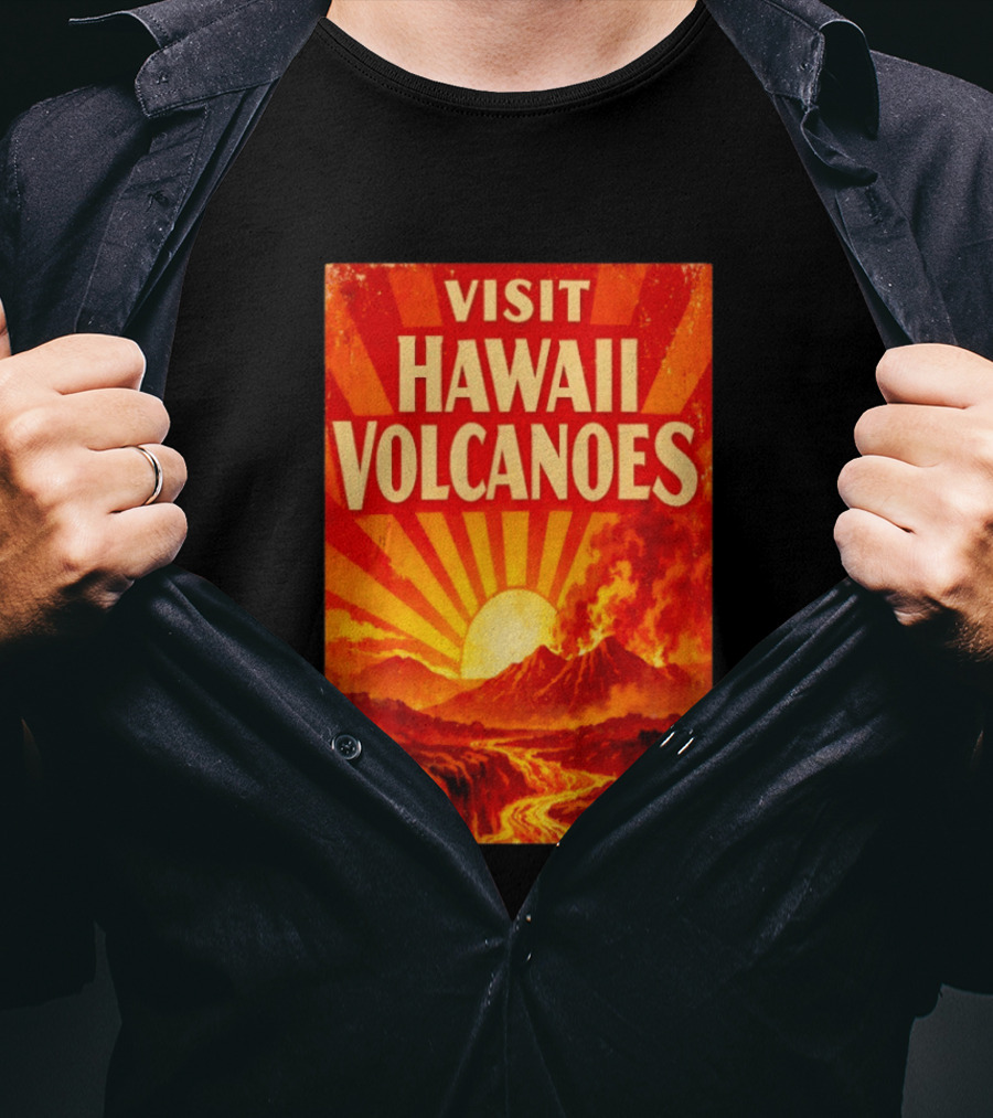 Visit Hawaii Volcanoes Vintage Travel With Erupting Mountain And Sunset Rays T-Shirt