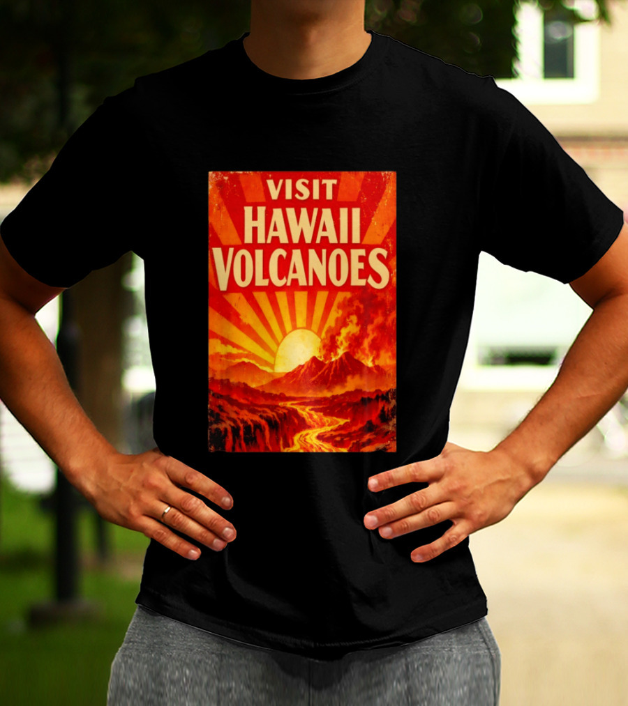 Visit Hawaii Volcanoes Vintage Travel With Erupting Mountain And Sunset Rays T-Shirt