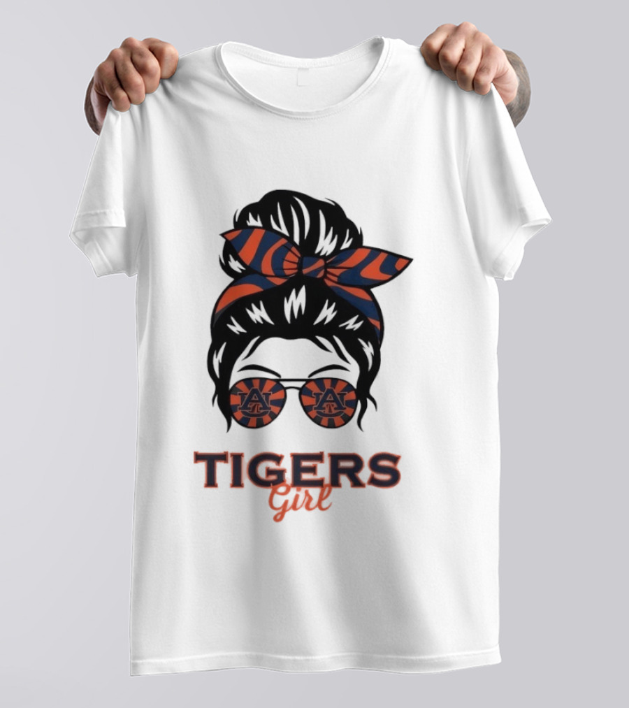Auburn Tigers Girl Messy Bun Glasses Bow T-Shirt