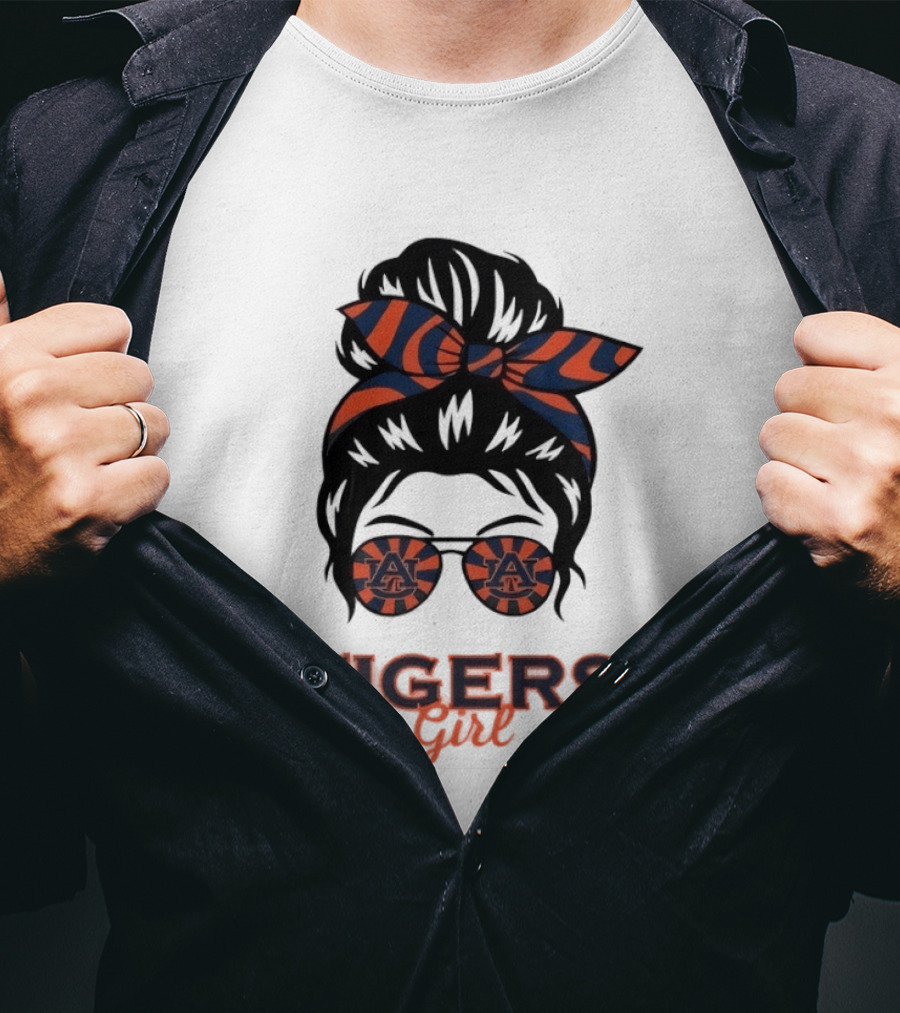 Auburn Tigers Girl Messy Bun Glasses Bow T-Shirt