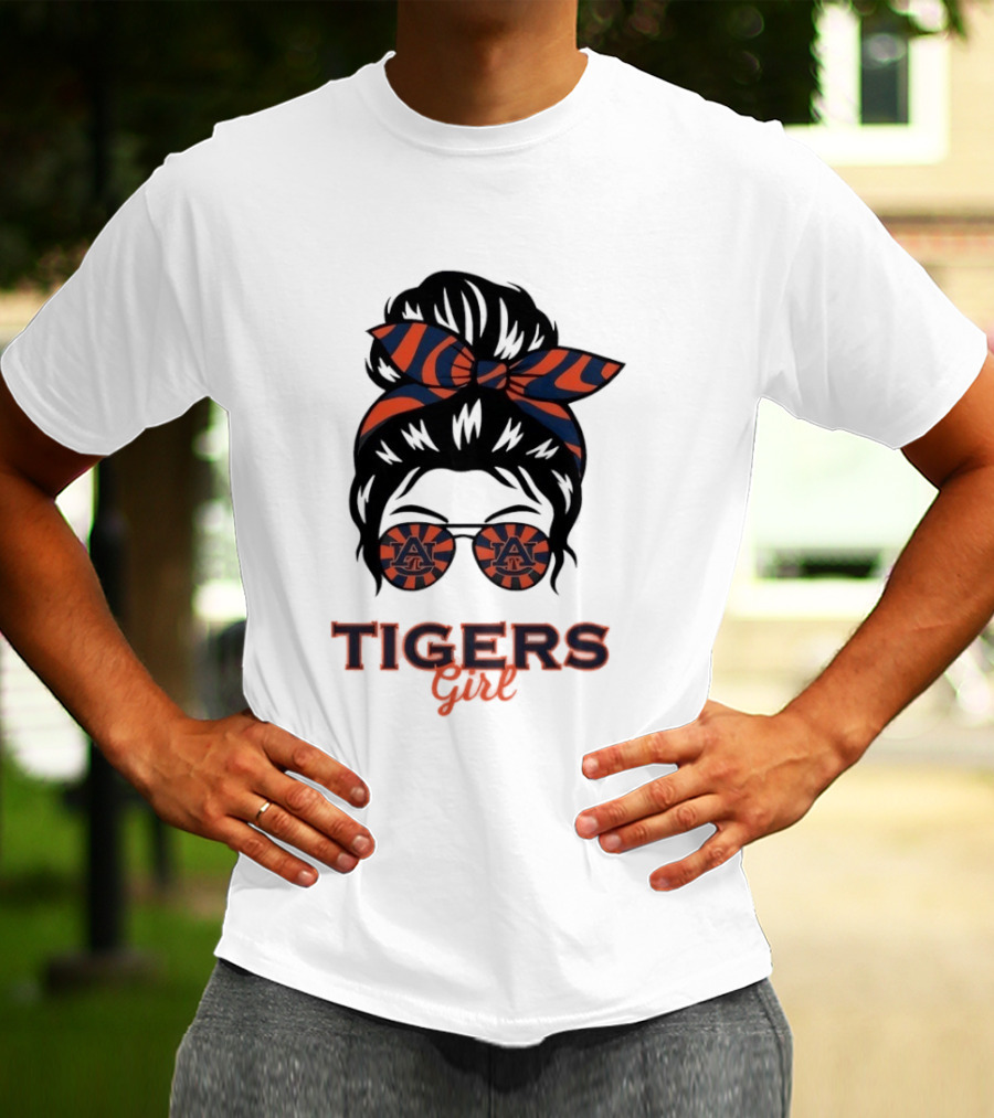 Auburn Tigers Girl Messy Bun Glasses Bow T-Shirt