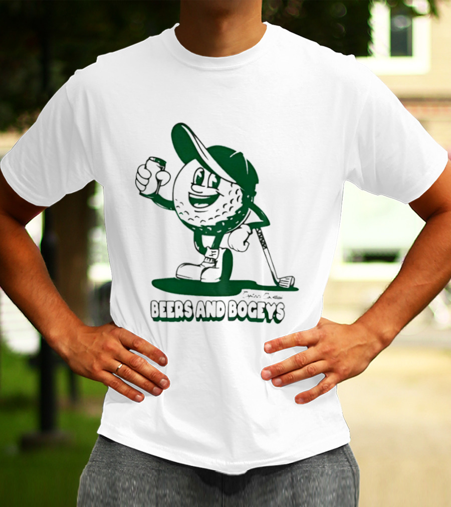 Beers And Bogeys Golf Cartoon Character With Beer Can And Club T-Shirt