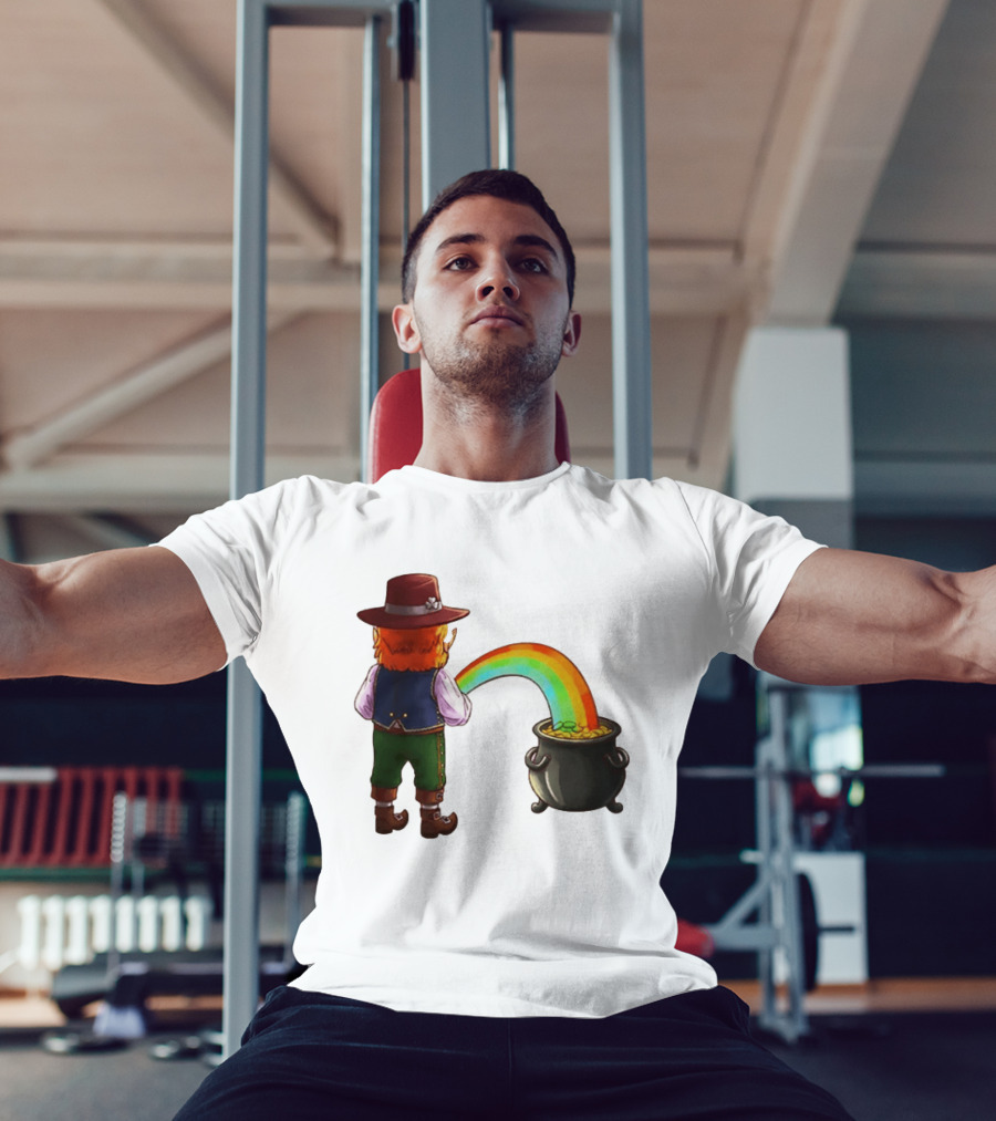 St Patricks Day Leprechaun Pissing Rainbow Into Pot Of Gold Meme T-Shirt