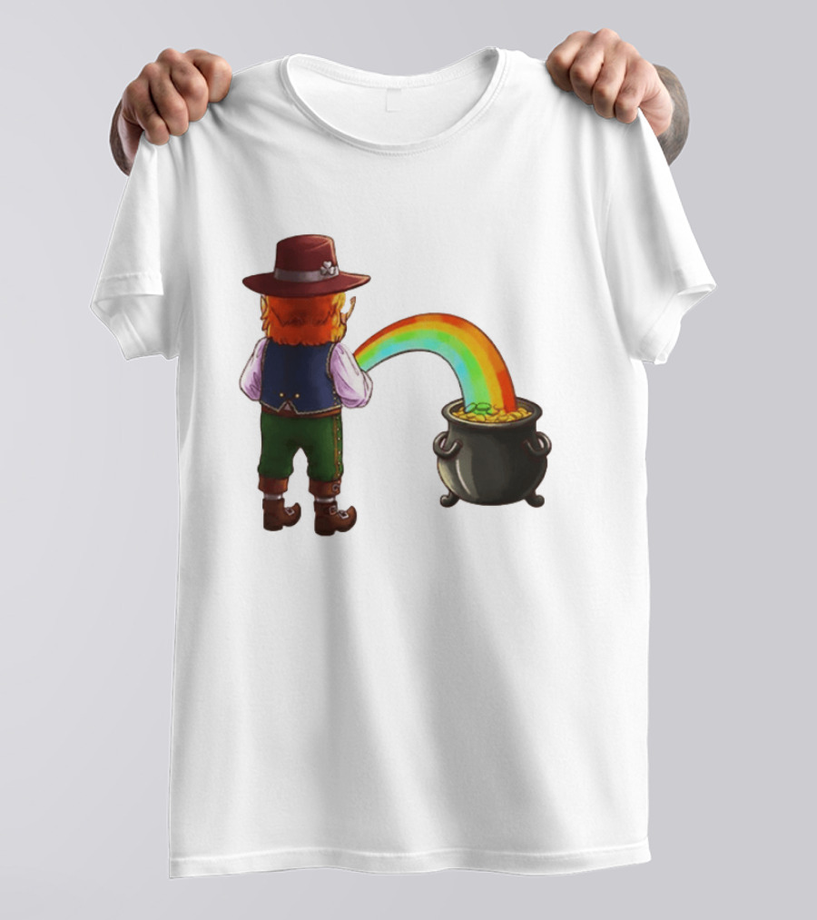 St Patricks Day Leprechaun Pissing Rainbow Into Pot Of Gold Meme T-Shirt