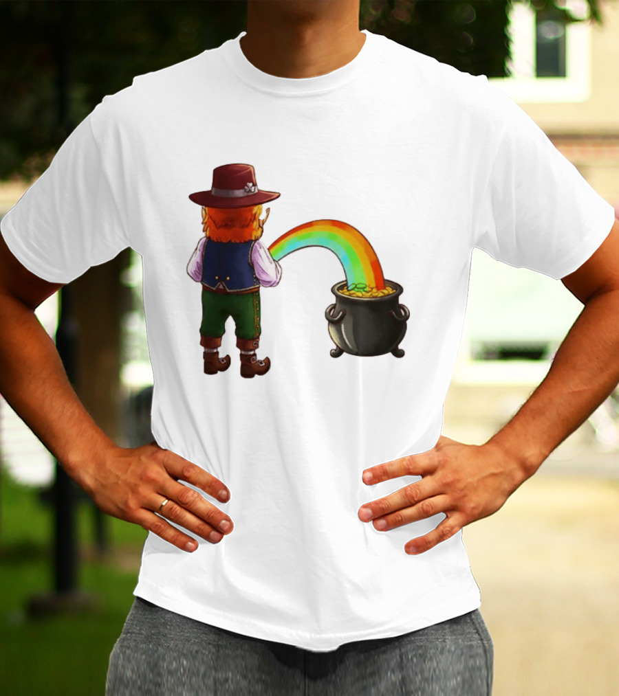 St Patricks Day Leprechaun Pissing Rainbow Into Pot Of Gold Meme T-Shirt