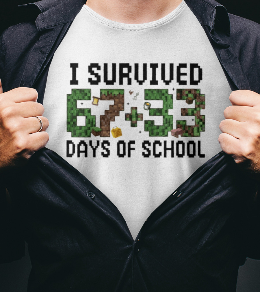 I Survived 67 Plus 33 Days Of School Minecraft Style Blocks T-Shirt